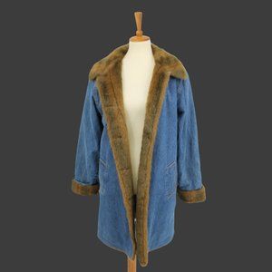 Vintage Denim & Co. Faux Fur and Jean Trench Coat Button Down Jacket M